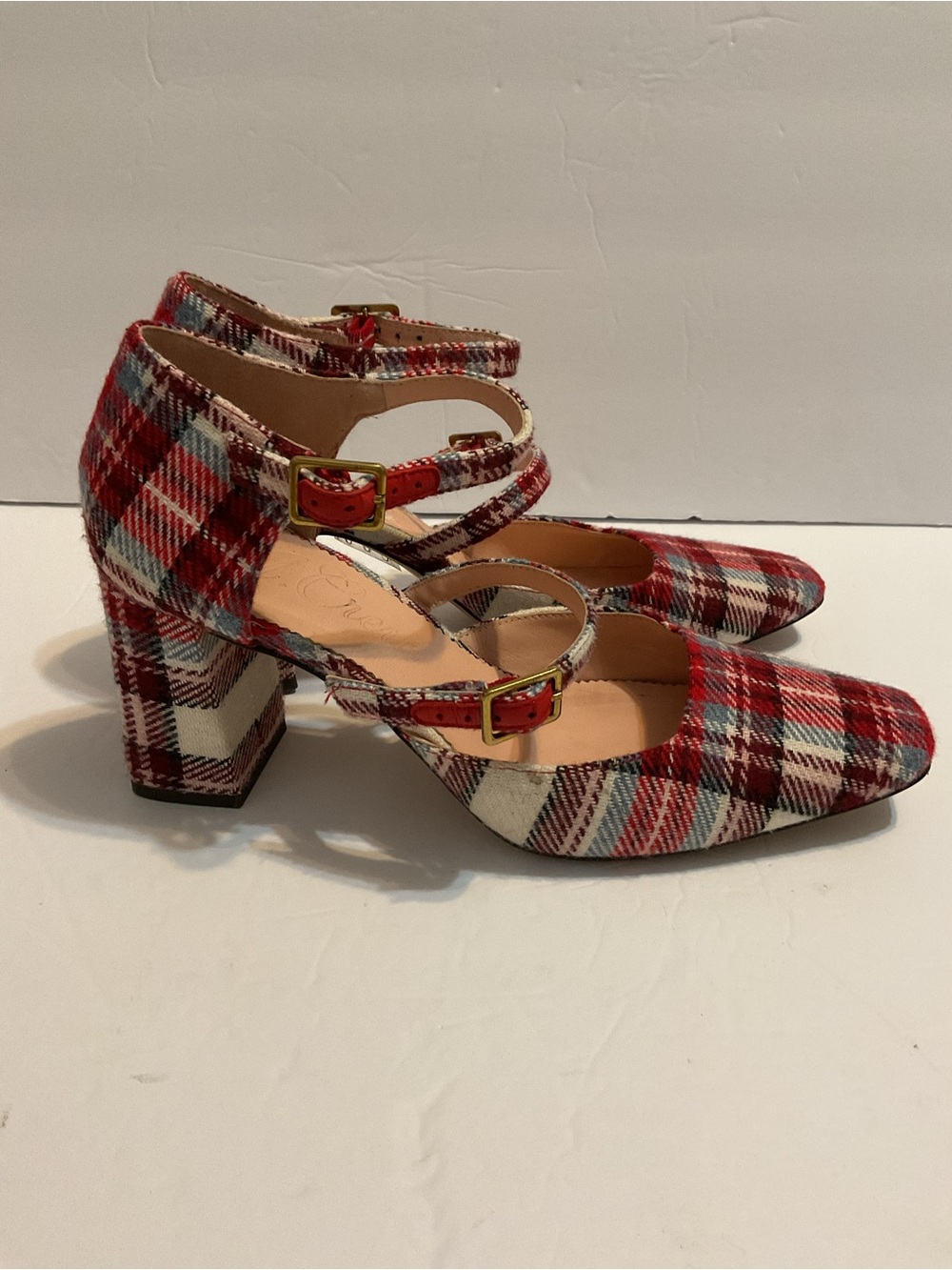 J. Crew Marta Double-strap Block Heel Red Plaid Square Toe Festive Holiday Shoes